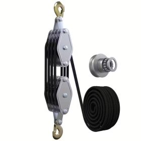 Heavy Duty 8:1 Block and Tackle Pulley System with Locking Swivel Hook, Adjustable Height Hoist with 65 FT 3/8 Inch Steel Cable for Lifting