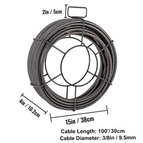 Drain Cleaning Cable 100 FT x 3/8 Inch, Solid Core Steel Sewer Cable with 4 Cutter for 2" to 4" Pipes, Sewer Auger Cleaner Cable for Sink, Floor