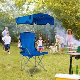 Foldable Beach Canopy Chair Sun Protection Camping Lawn Canopy Chair 330LBS Load Folding Seat w/ Cup Holder For Beach Poolside Travel Picnic (Color: Blue)