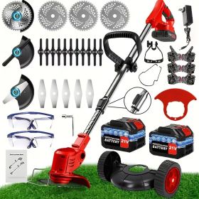 Cordless Electric Weed Wacker Portable Grass Trimmer with 3 Blade Types and 2 High Capacity Batteries Powerful Lawn Mower for Garden Yard Lawn Ma (Color: Red)
