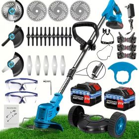 Cordless Electric Weed Wacker Portable Grass Trimmer with 3 Blade Types and 2 High Capacity Batteries Powerful Lawn Mower for Garden Yard Lawn Ma (Color: Blue)