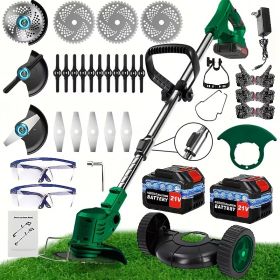 Cordless Electric Weed Wacker Portable Grass Trimmer with 3 Blade Types and 2 High Capacity Batteries Powerful Lawn Mower for Garden Yard Lawn Ma (Color: Green)