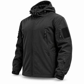 Men's Hooded Outdoor Jacket, Full Zip Tactical Style Jacket with Multiple Zipper Pockets and Adjustable Cuffs for Hiking, Camping and Travel, S–X (Color: Black, size: M)