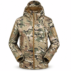 Men's Hooded Outdoor Jacket, Full Zip Tactical Style Jacket with Multiple Zipper Pockets and Adjustable Cuffs for Hiking, Camping and Travel, S–X (Color: camo, size: XXL)