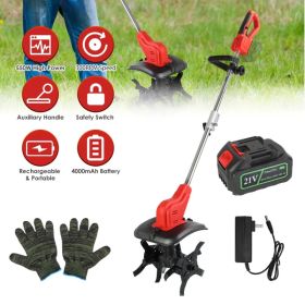 21V Electric Cordless Tiller Cultivator Powered Garden Tiller with 4 Blades 16 Steel Tines 550W 300RPM 4000mAh Battery Tilling 9-in Width & 9-in (Option: BlackRed)